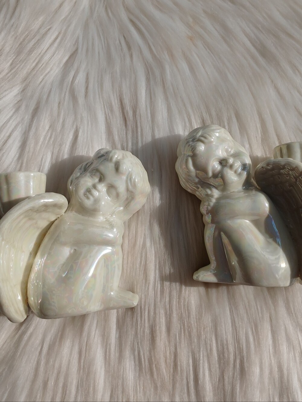 Vintage Iridescent Ceramic Cherub Candle Holders Knick Knack  Victorian Decor